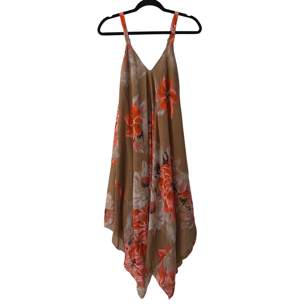 Mlle Gabrielle Women Tan Orange Floral Handkerchief Hem Midi Dress Size Medium